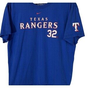 Nike Texas Rangers T Shirt Mens M Blue MLB Baseball Fan Gear #32 Logo Tee